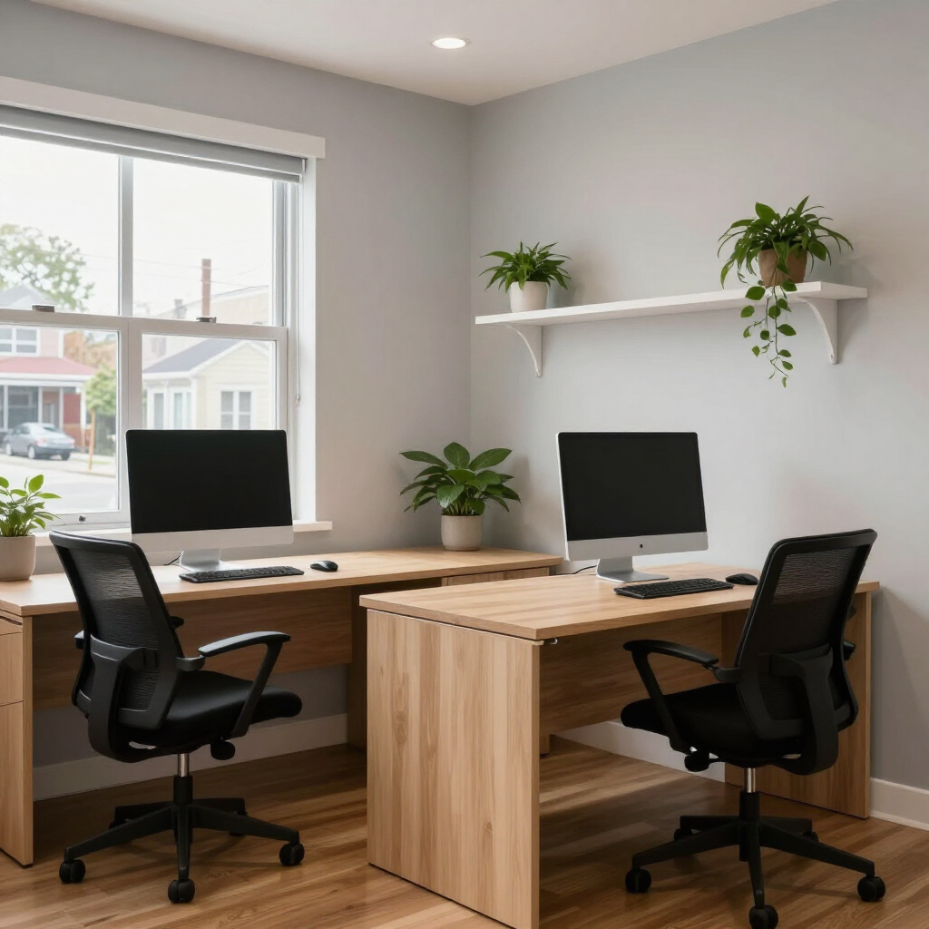 Modern home office with two desks, black chairs, potted plants, and computers by a bright window
