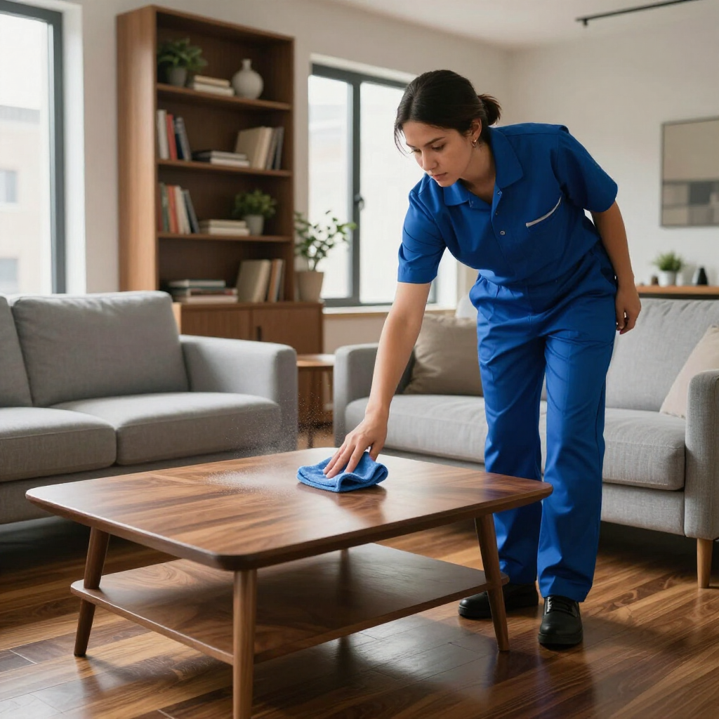Cleaner in blue uniform wiping a wooden coffee table in a modern living room.