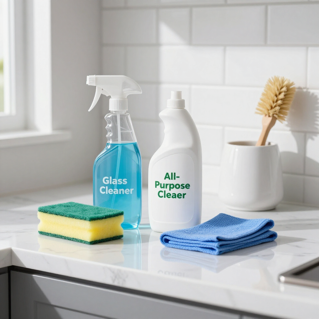Glass cleaner, all-purpose cleaner, sponge, brush, and blue cloths on a white kitchen counter.