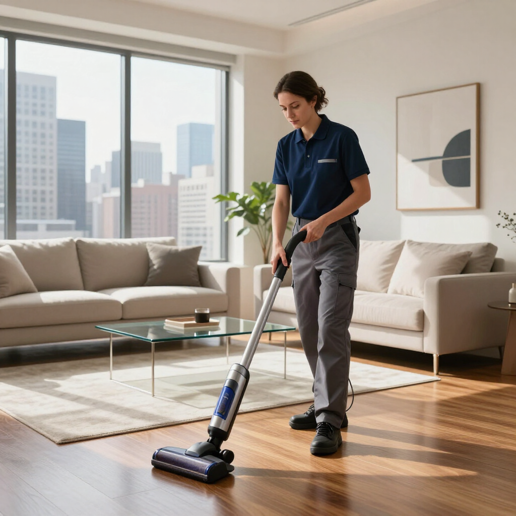 Person vacuuming a bright living room with a cordless upright vacuum.
