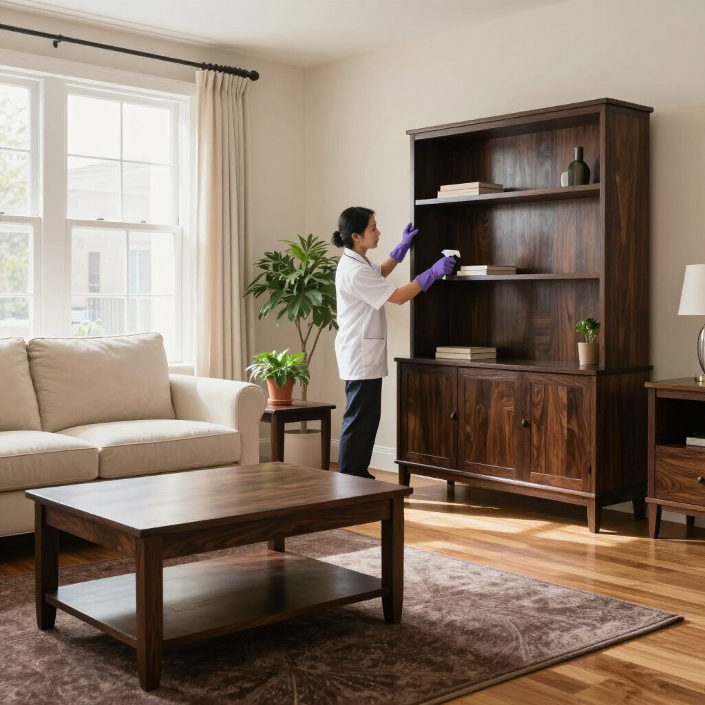 Person dusting a wooden bookshelf in a bright living room with beige sofa and coffee table