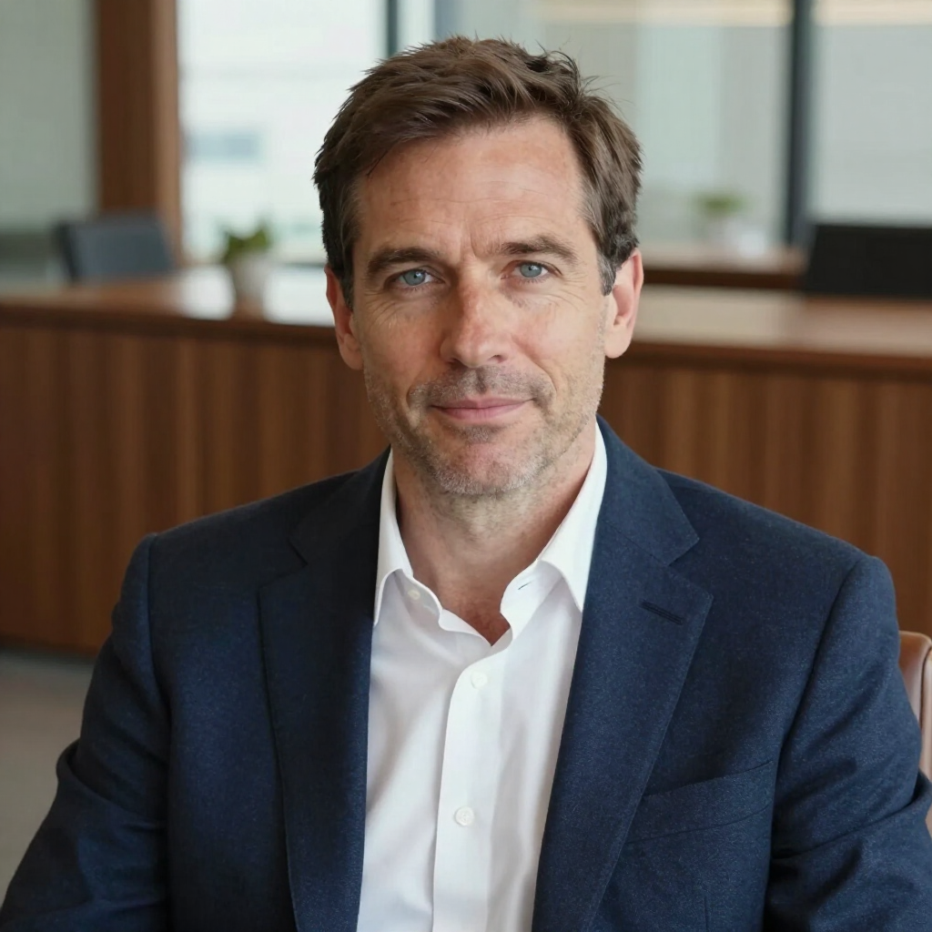 Man in navy blazer and white shirt seated indoors, facing the camera with a slight smile.