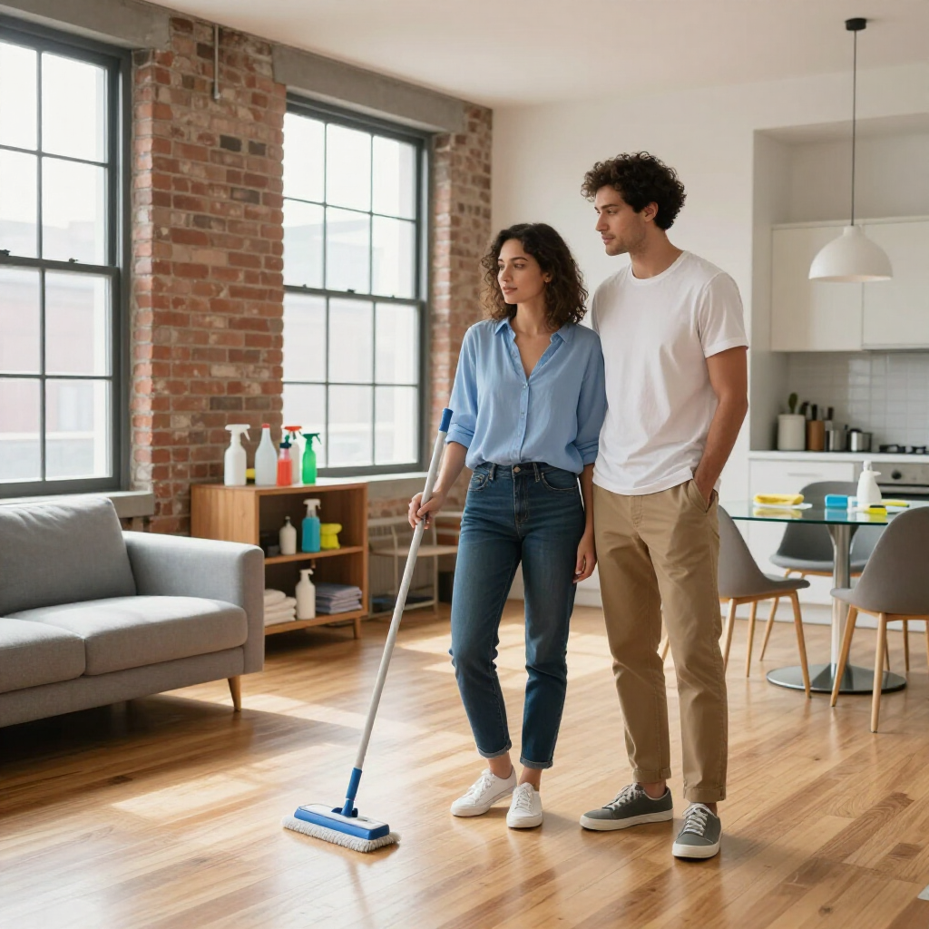 Two people vacuuming a bright apartment with wood floors and large windows