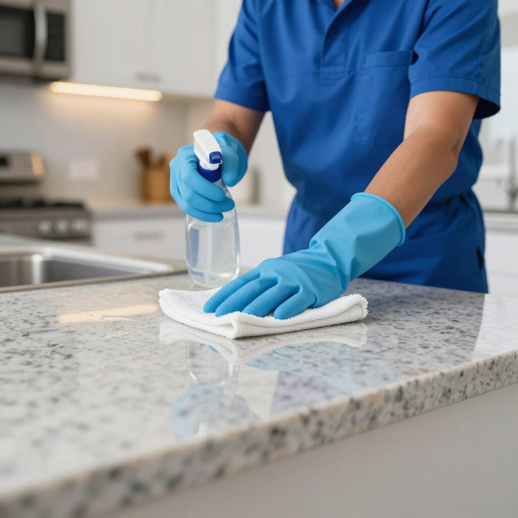 Person in blue gloves wiping a granite kitchen counter with a spray bottle and cloth