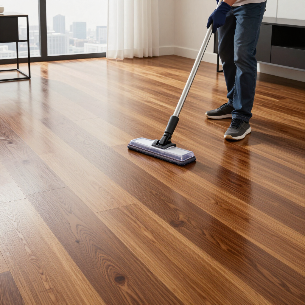 Person vacuuming a shiny hardwood floor in a bright room with city windows