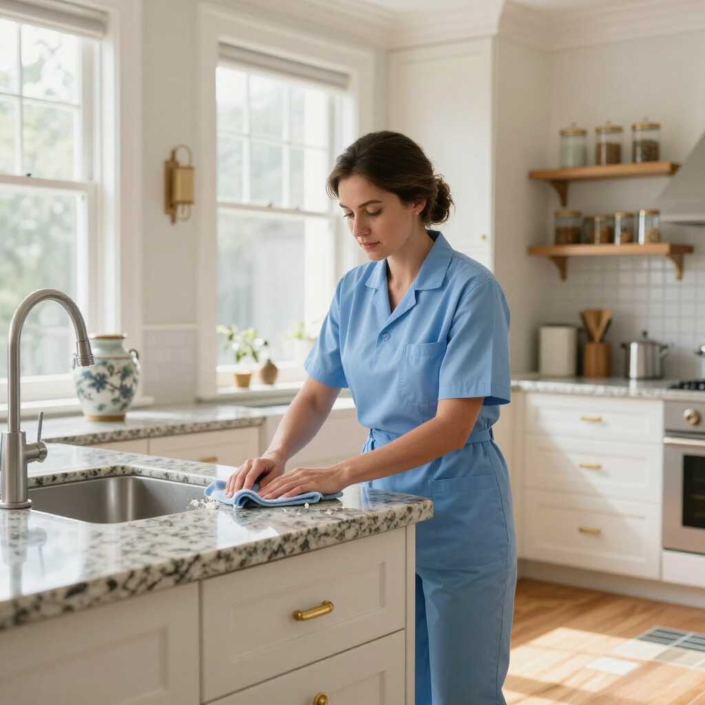 Person in a blue uniform wiping a granite kitchen counter in a bright, modern kitchen