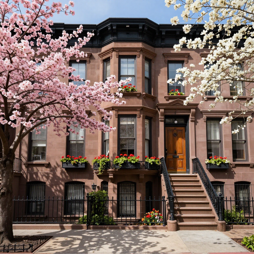 Brown brownstone townhouse with flowering trees and window boxes on a sunny street