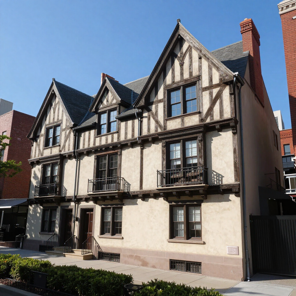 Row of Tudor-style townhouses with black timber framing and cream walls on a sunny street