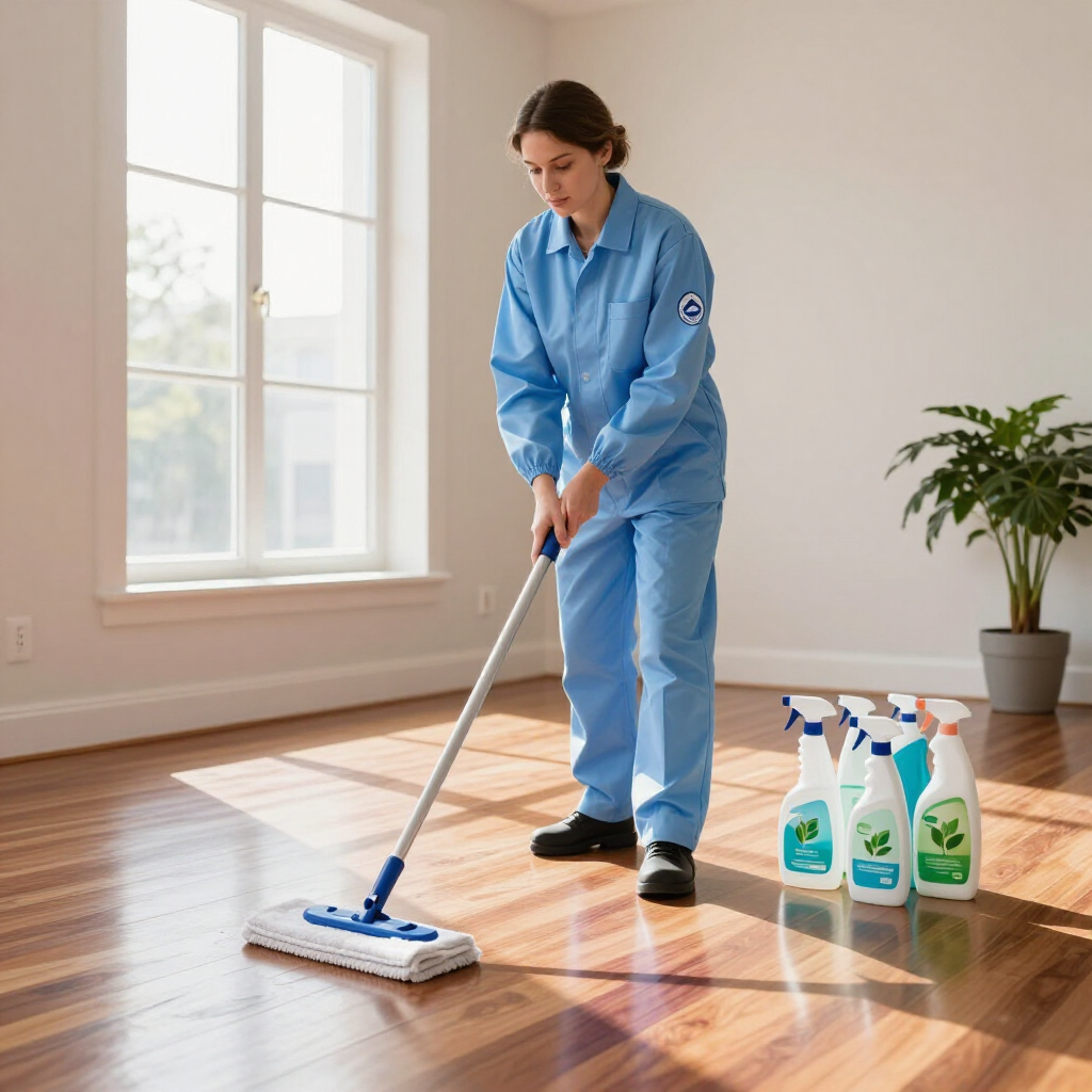 Cleaner mopping a sunlit hardwood floor beside cleaning spray bottles in a bright room