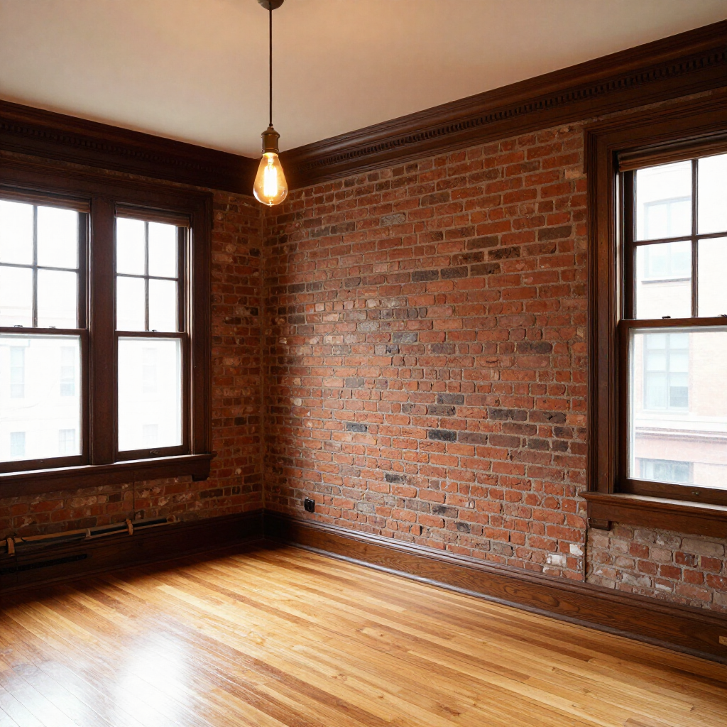 Empty brick-walled room with hardwood floors, large windows, and a hanging light fixture