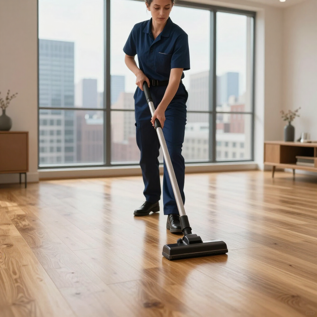 Person mopping a sunlit hardwood floor in a modern apartment with large windows