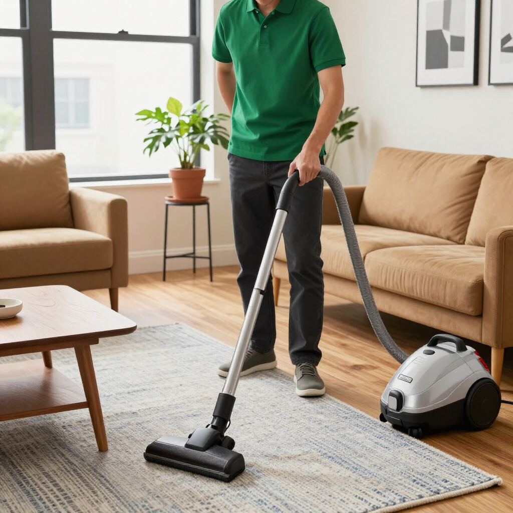 Person vacuuming a rug in a bright living room with a canister vacuum.