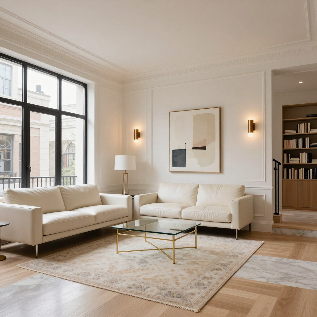 Bright modern living room with cream sofas, gold coffee table, large windows, and abstract wall art