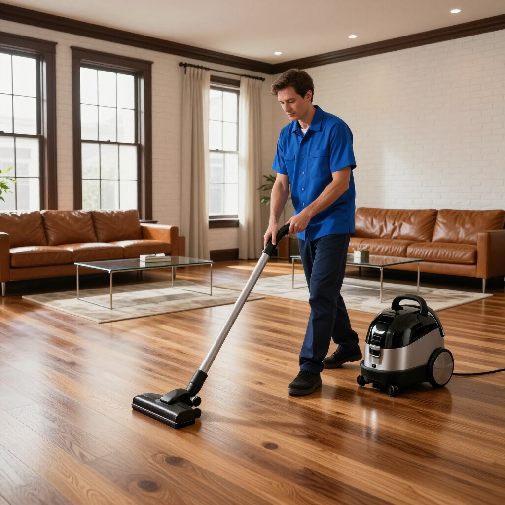 Person vacuuming a polished wood floor in a bright living room with leather sofas and large windows