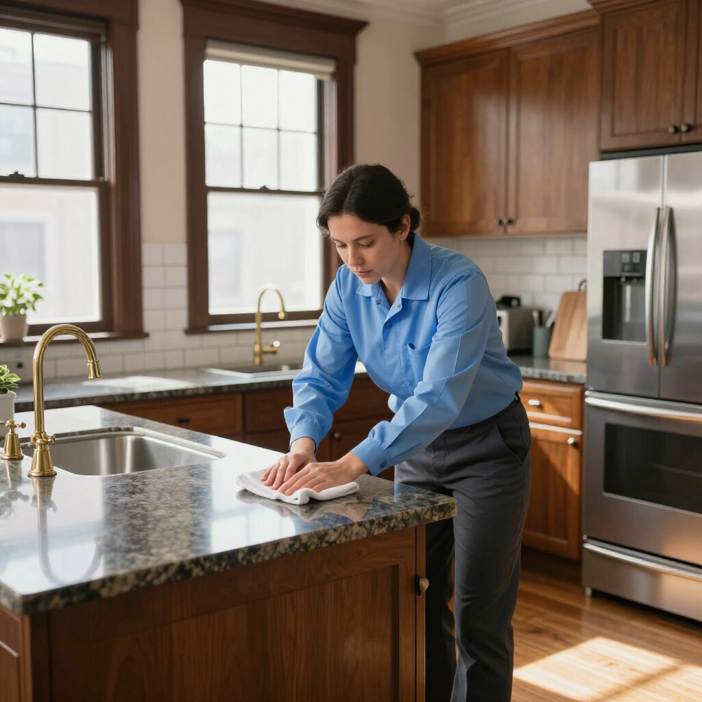 Person cleaning a kitchen counter beside a sink, with wooden cabinets and stainless steel appliances.