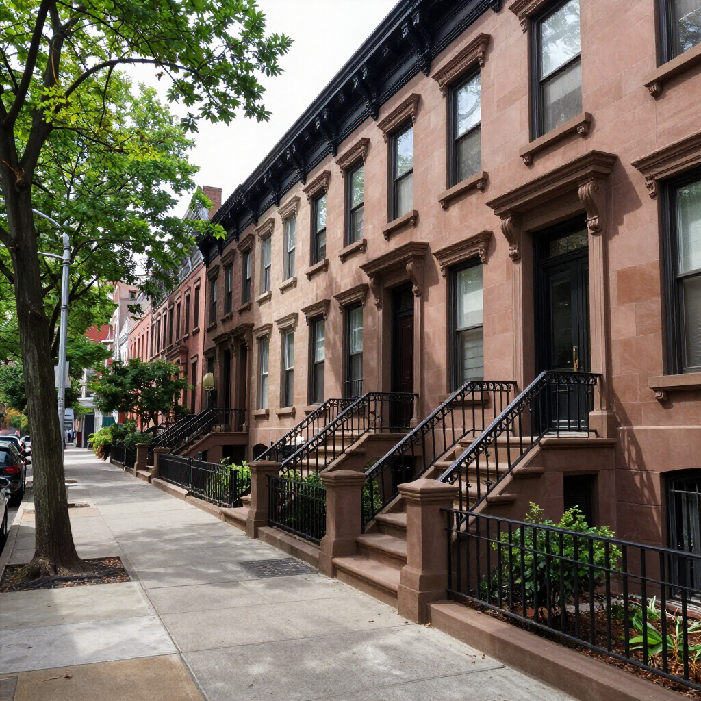 Row of brownstone townhouses with front stoops along a tree-lined city sidewalk
