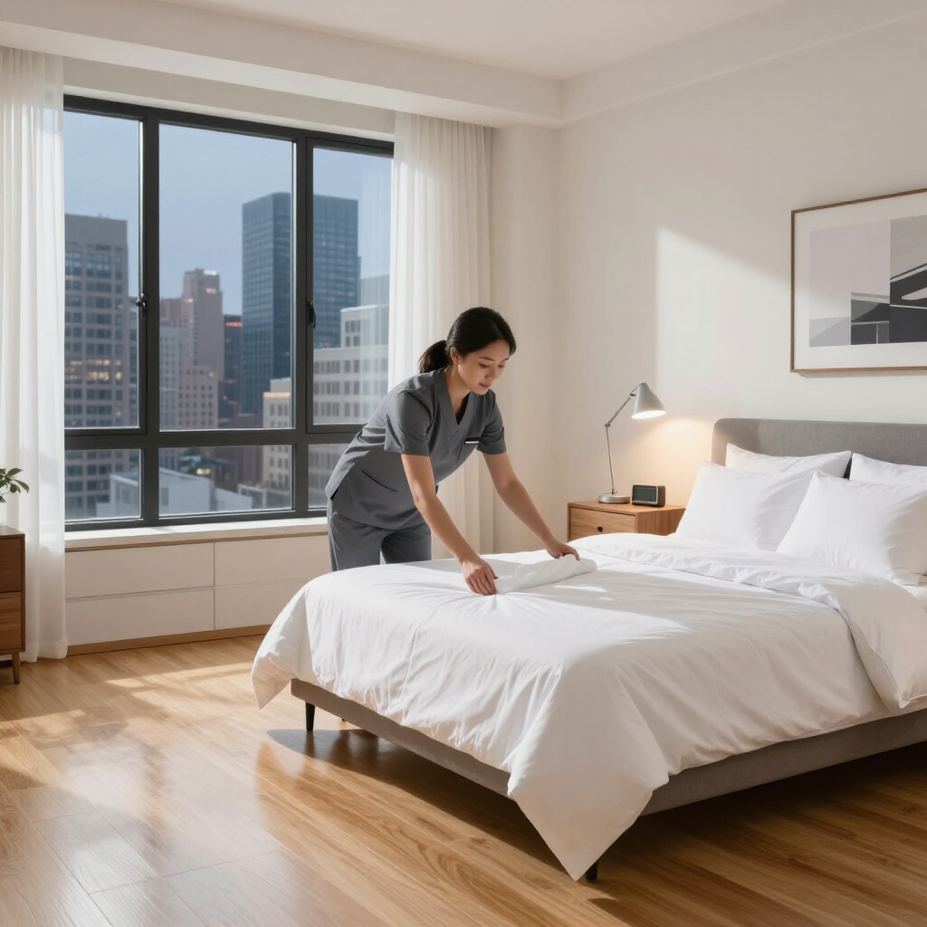 Housekeeper making a bed in a bright bedroom with city views through large windows