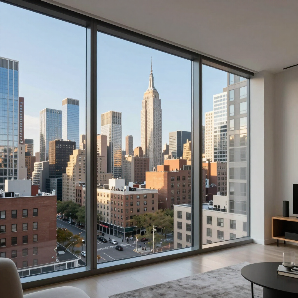 City skyline seen through large apartment windows, with the Empire State Building centered.