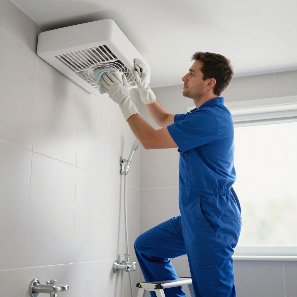 Technician in blue coveralls cleaning a wall-mounted air conditioner in a tiled room