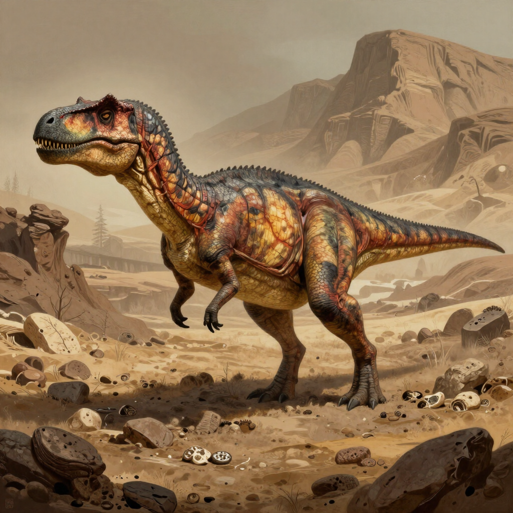 A colorful T. rex stands in a dusty desert with scattered bones and rocky cliffs.