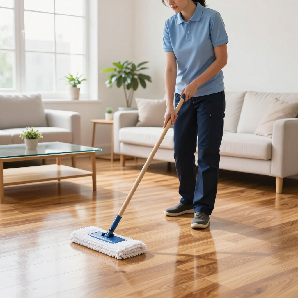 Person mopping a hardwood floor in a bright living room with a white sofa and coffee table