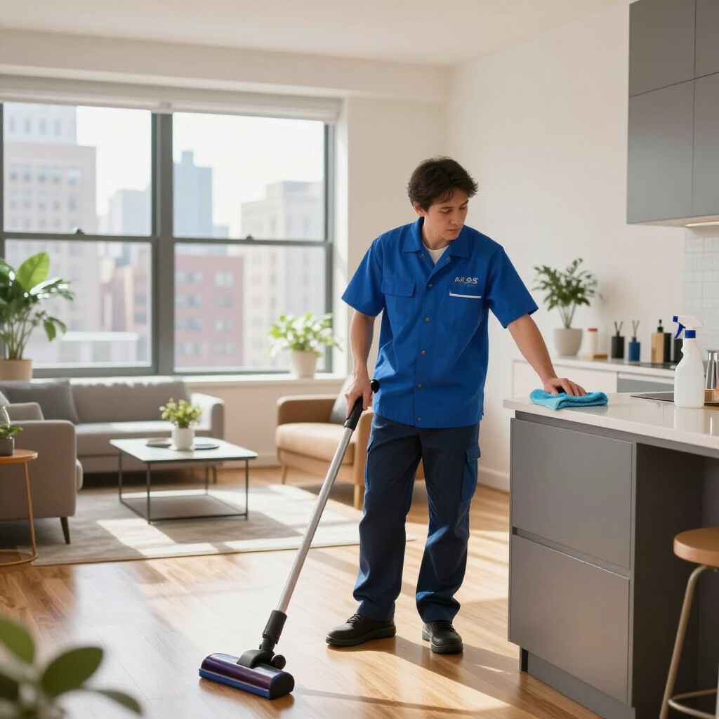 Cleaner vacuuming a modern apartment kitchen-living room with a window and couch nearby