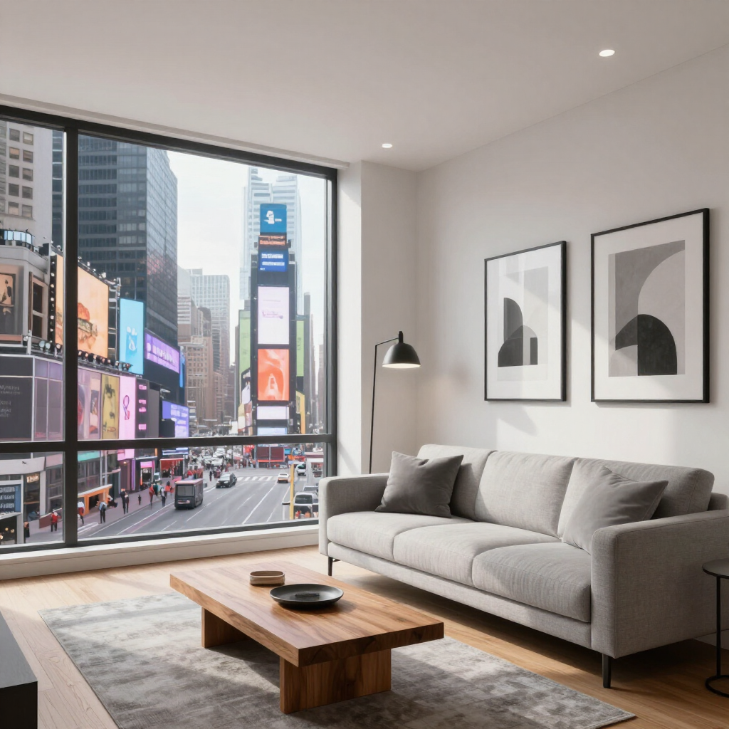 Modern living room with gray sofa, wooden coffee table, and large window overlooking a busy city street.