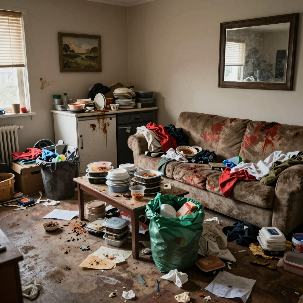 Cluttered living room with trash, piles of dishes, and items scattered on a sofa, table, and floor