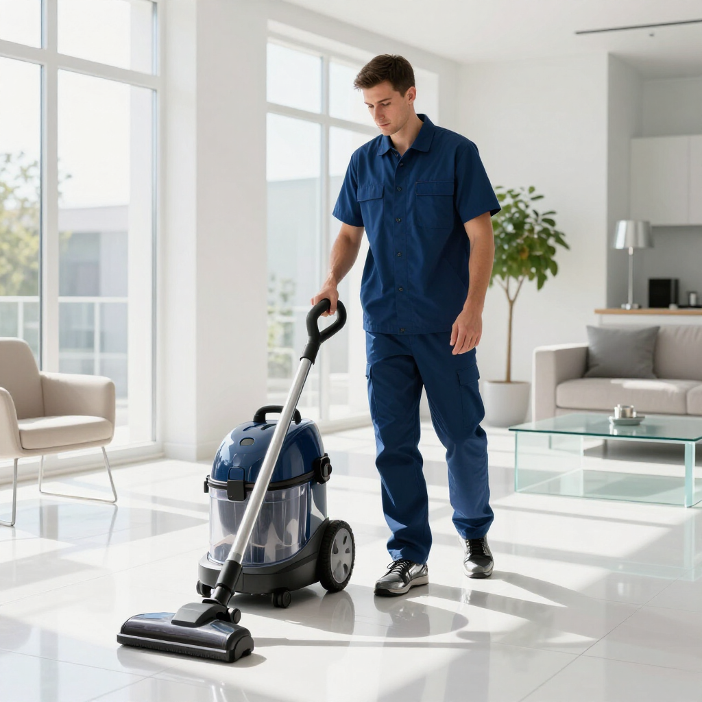 Man vacuuming a bright living room with a canister vacuum cleaner