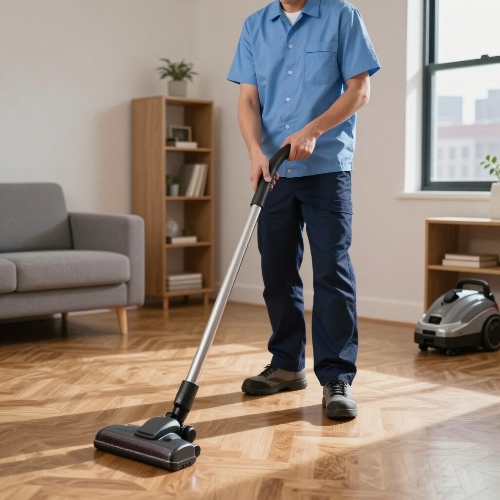Person vacuuming a wooden floor in a bright living room with a couch and window.