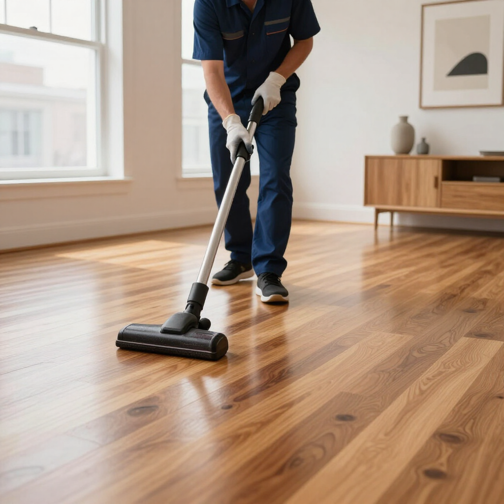 Person vacuuming a sunlit hardwood floor in a bright, empty room