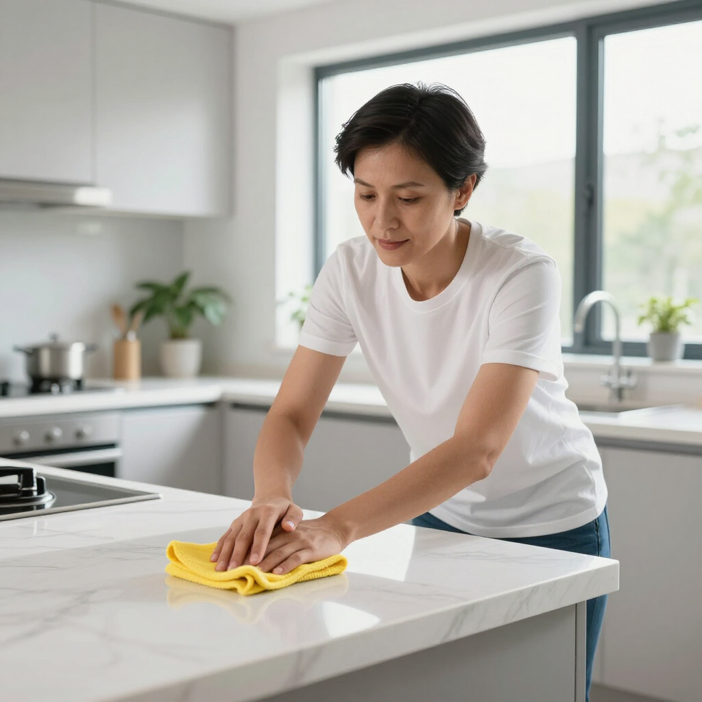 Person wiping a white kitchen counter with a yellow cloth in a bright modern kitchen