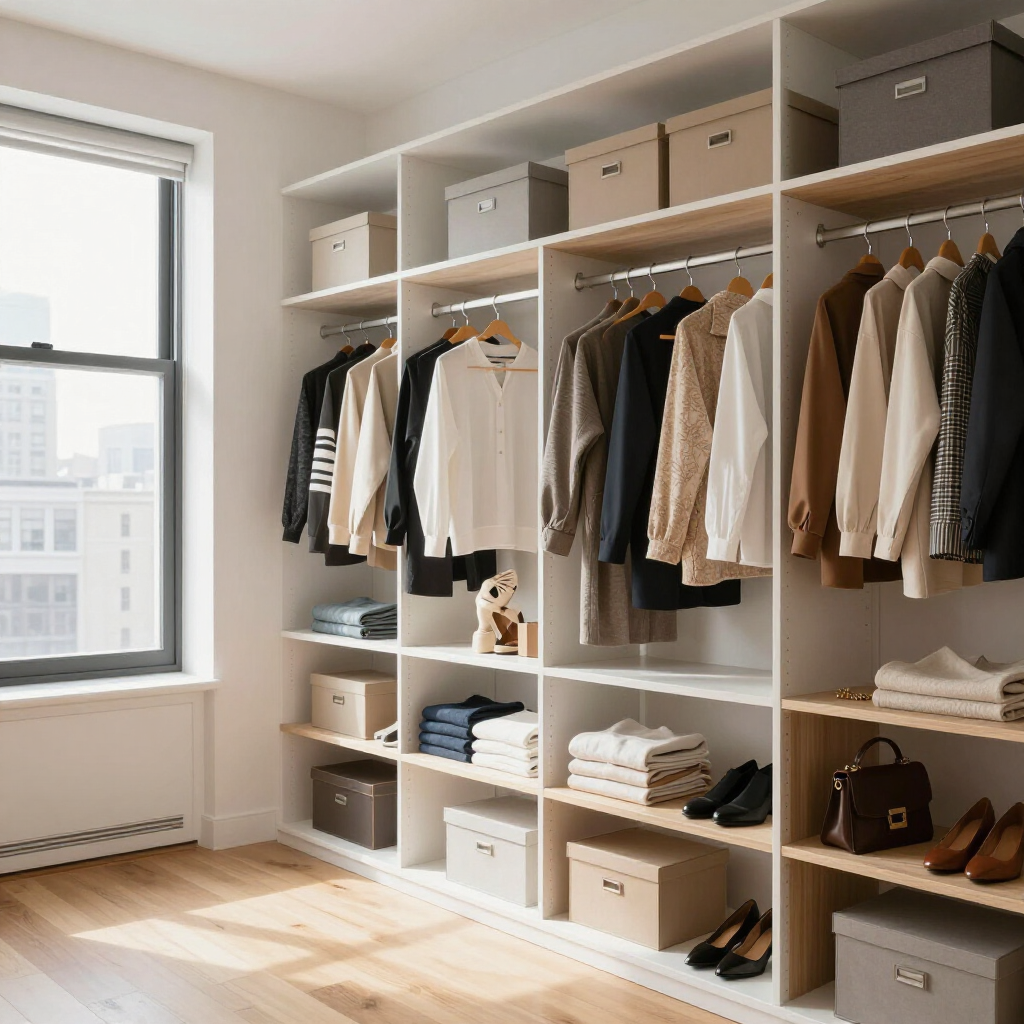 Bright walk-in closet with open shelves, hanging clothes, boxes, and folded sweaters by a sunlit window