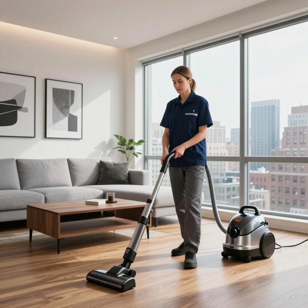 Person vacuuming a bright living room with a canister vacuum next to a gray sofa.