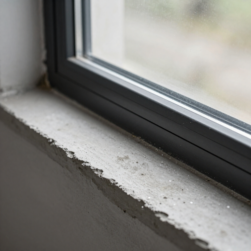 Dirt-speckled white windowsill beside a black-framed window
