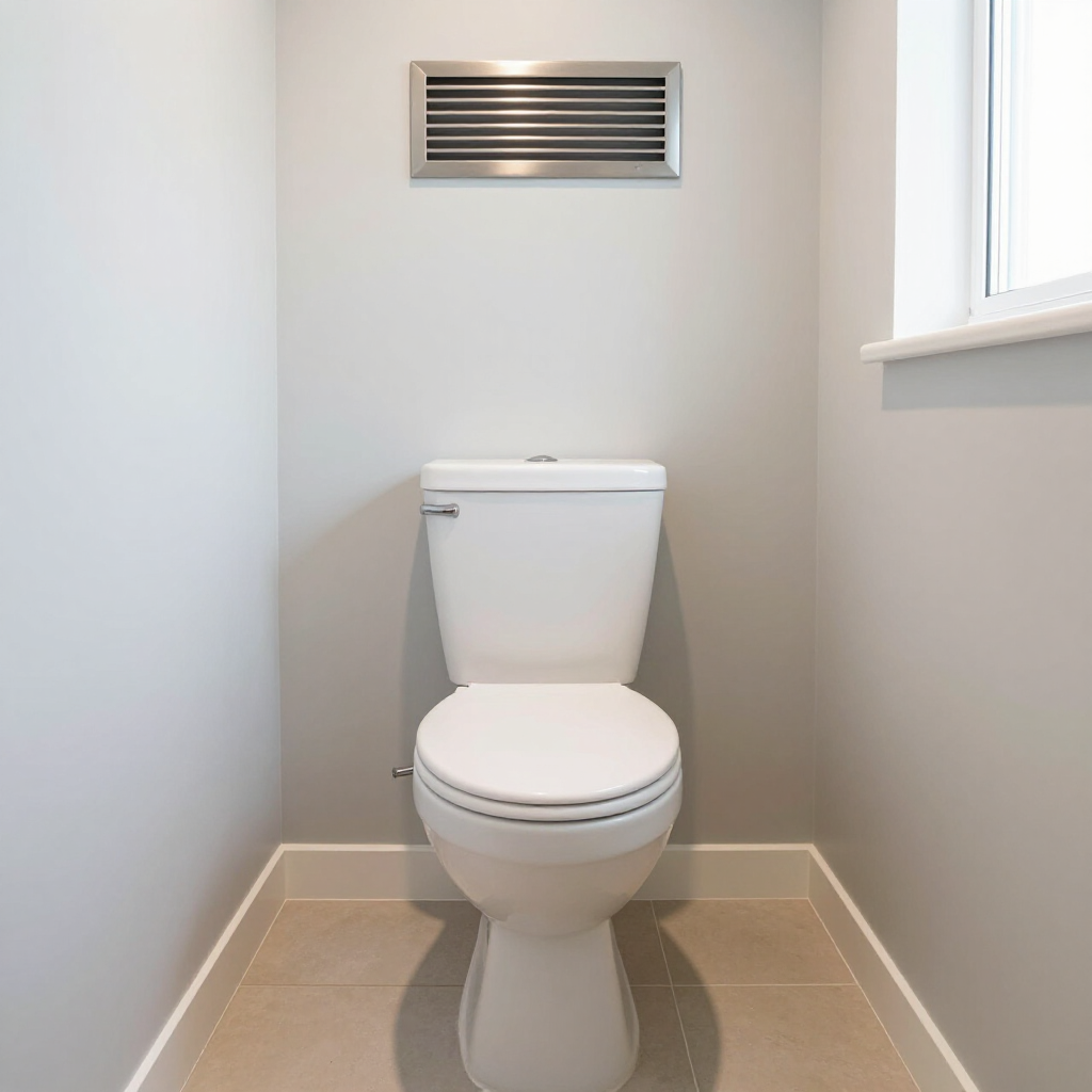 Small bathroom with a white toilet centered against a light gray wall and a vent above it.