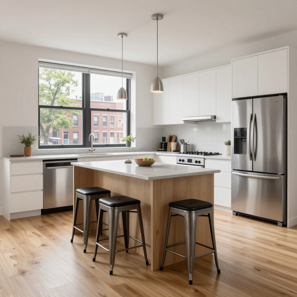 Modern white kitchen with island, stainless steel appliances, black stools, and large window.