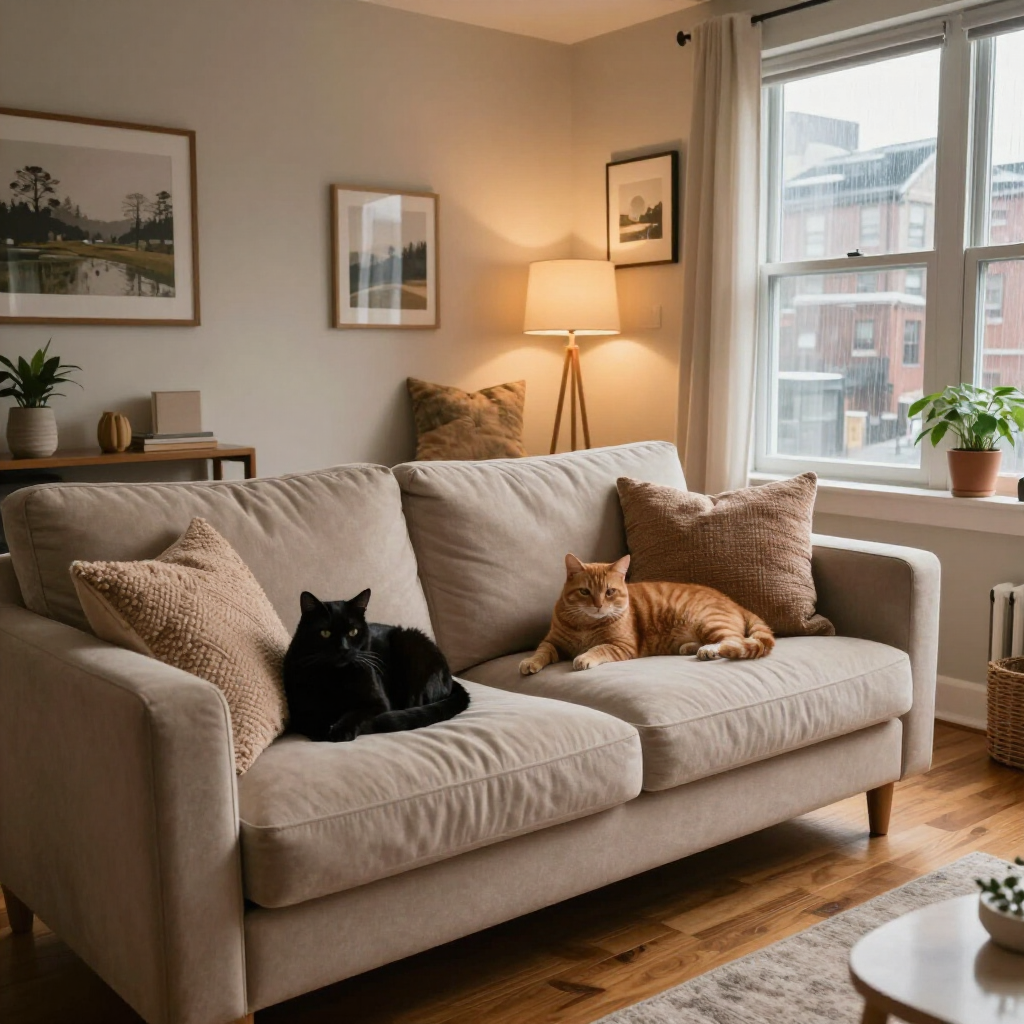 Two cats lounging on a beige sofa in a cozy living room with warm lamp light and framed wall art.