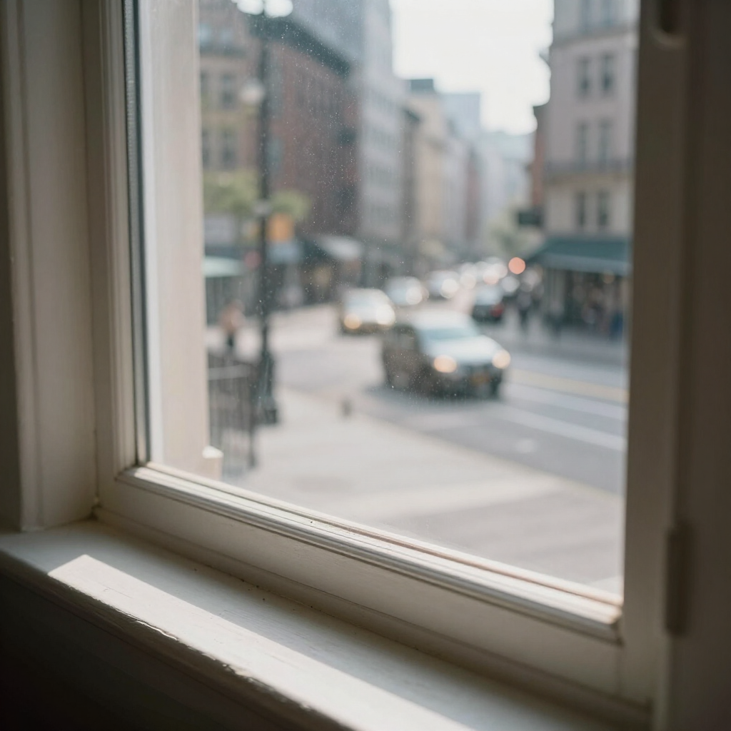 View through a window of a blurred city street with cars and buildings outside