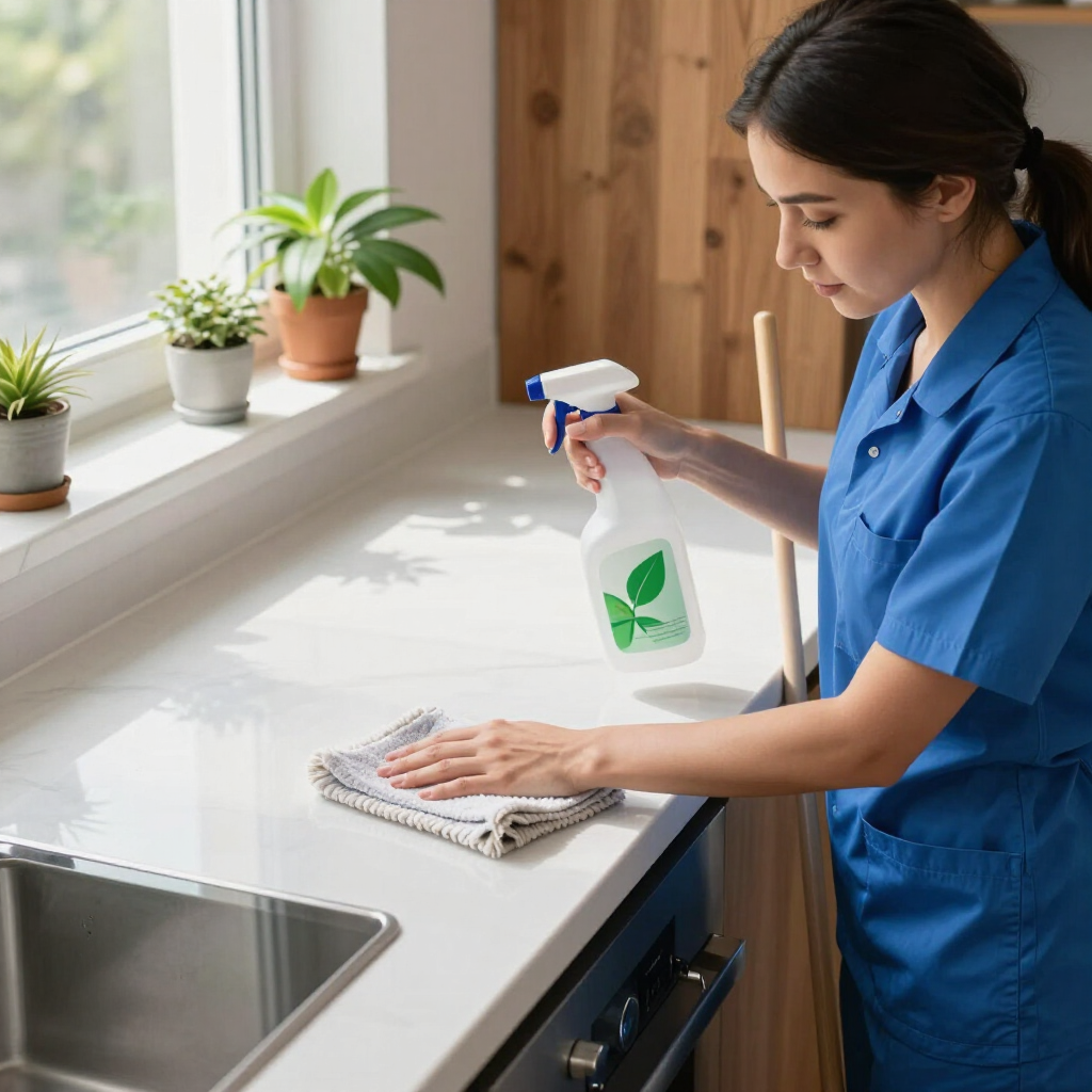 Person cleaning a white kitchen countertop with spray bottle and cloth near a sink and potted plants