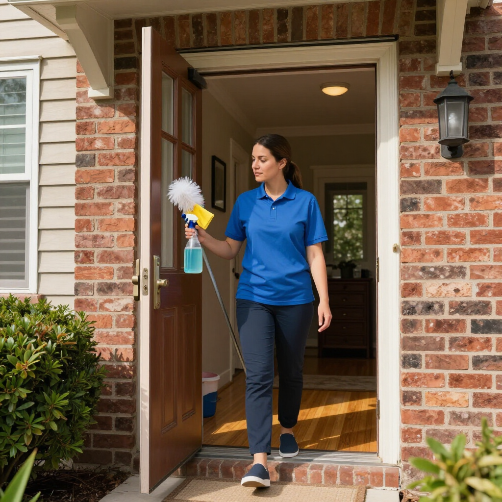 Woman in blue shirt carrying a mop at an open front door of a brick house