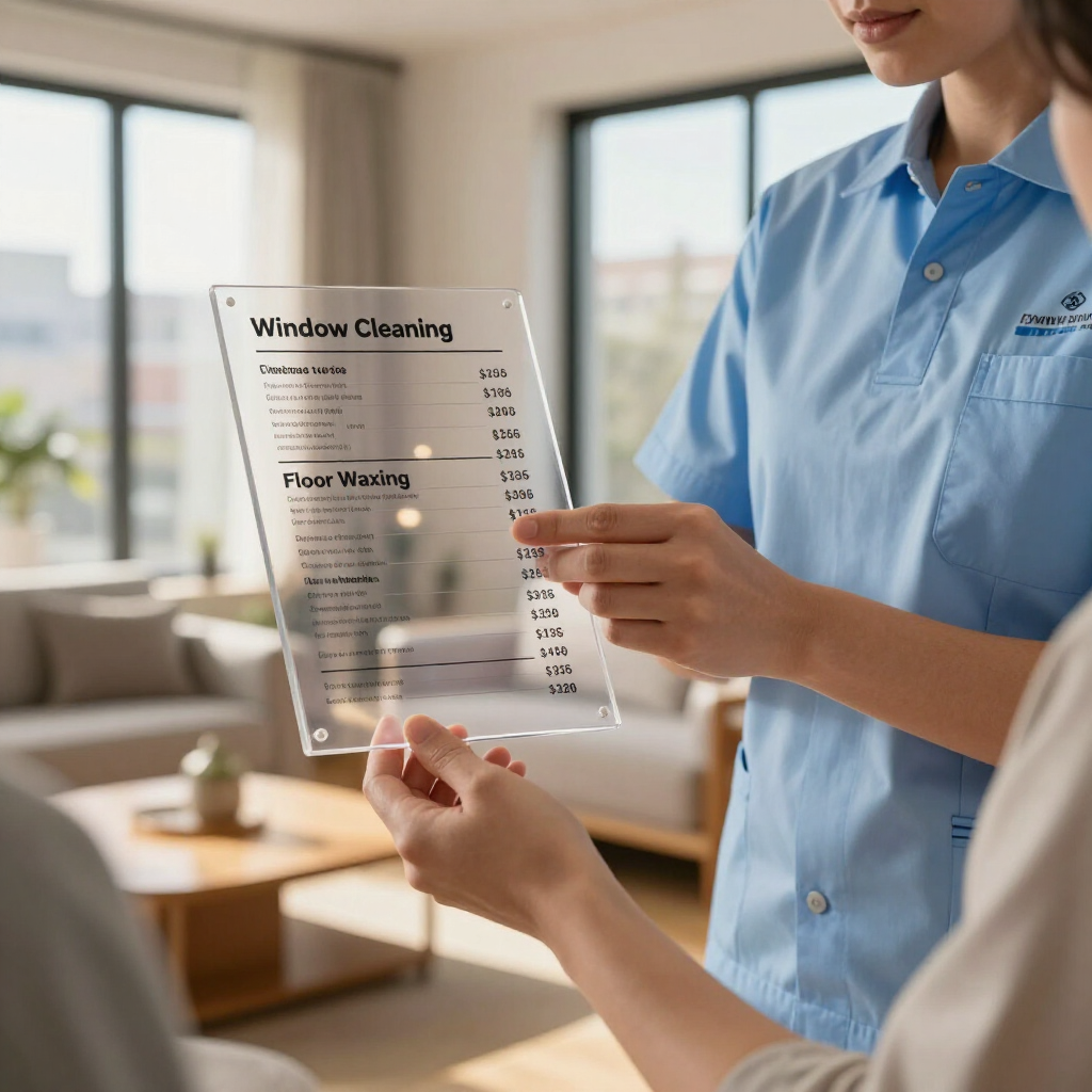 Two people reviewing a transparent cleaning service price sheet in a bright office.