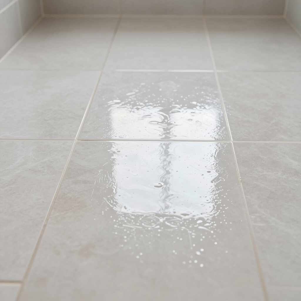 Wet white tiled floor reflecting a window light patch