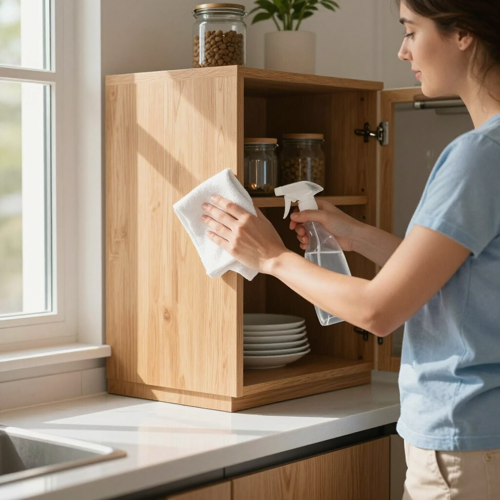 Person cleaning a wooden kitchen cabinet with a spray bottle and cloth near a sink