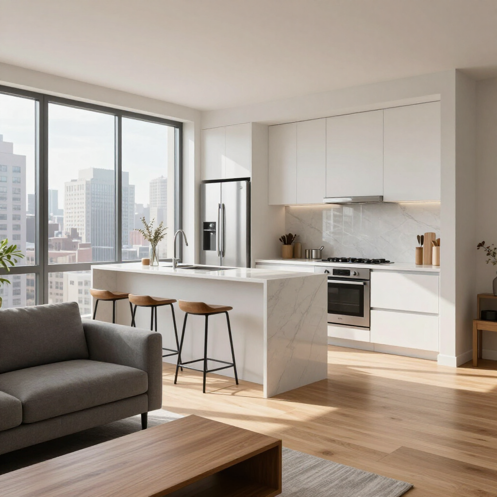 Bright modern kitchen and living room with large windows, white cabinets, wood floors, and a gray sofa