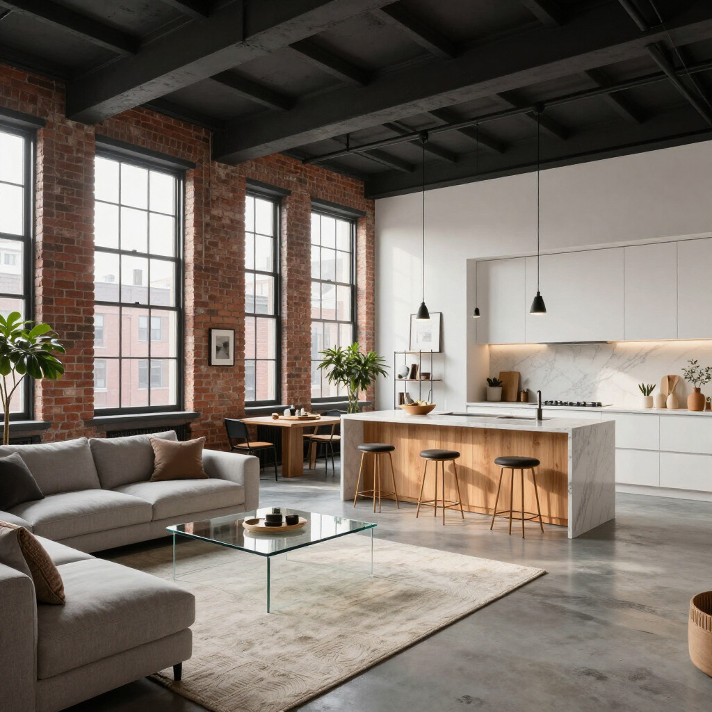 Modern loft living room with brick walls, large windows, gray sofa, wood kitchen island, and stools