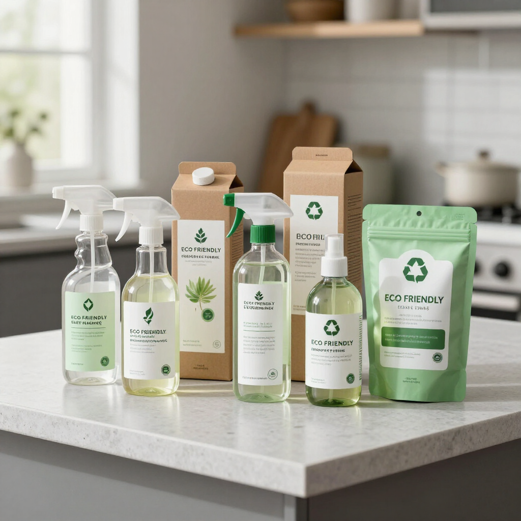 Eco-friendly cleaning products on a kitchen countertop, in green and beige packaging.