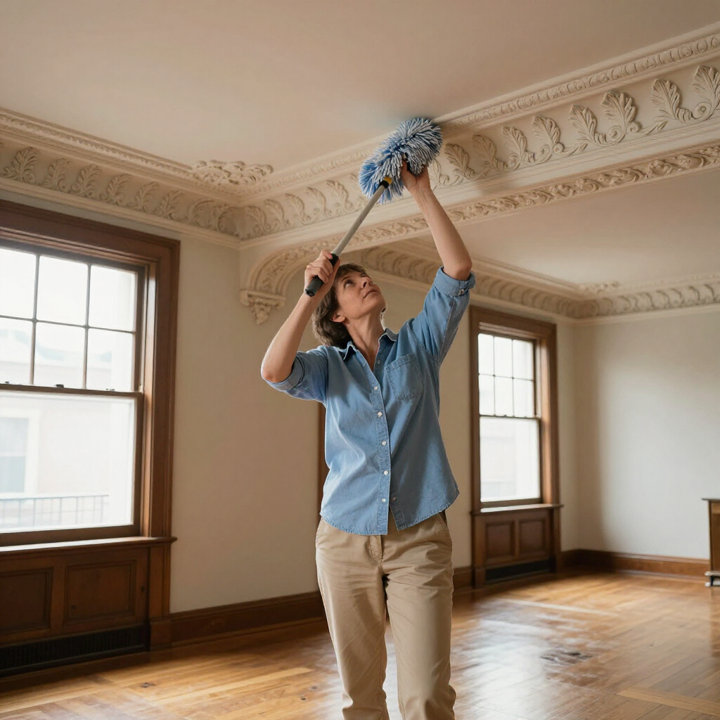 Person dusting ornate ceiling moldings in a sunlit empty room