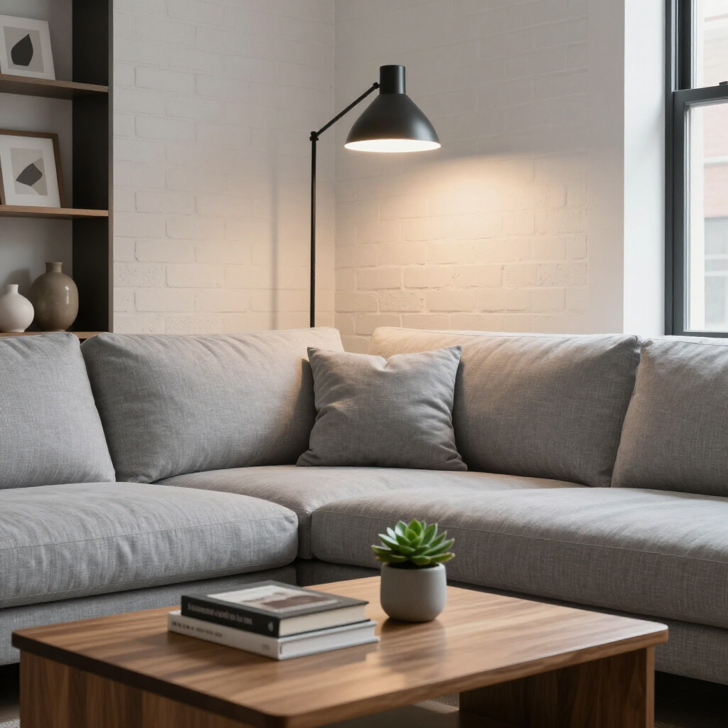 Cozy living room with gray sectional sofa, wooden coffee table, and black floor lamp by a bright window