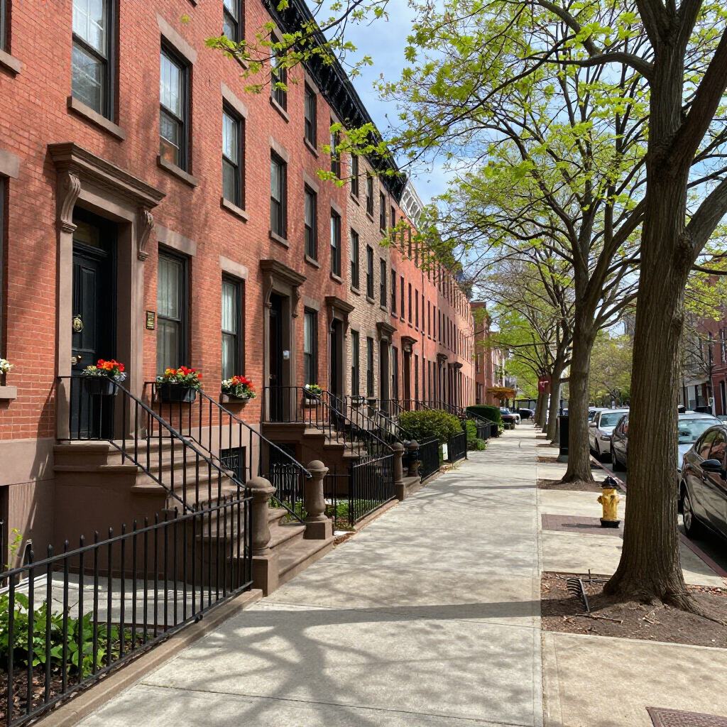 Tree-lined city sidewalk beside red brick row houses on a sunny day